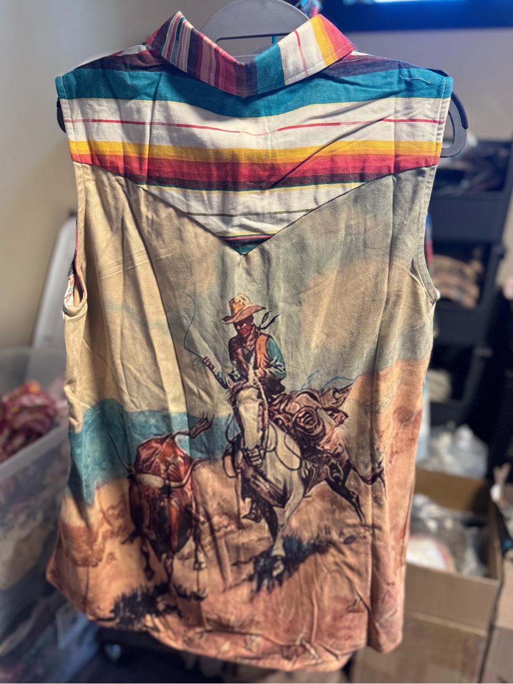 Western Print Sleeveless Button-Up Top in Multicolor Stripes